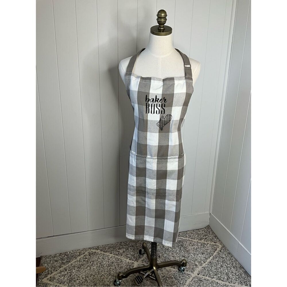 Handmade Baker Boss Kitchen Apron Brown White Plaid Adjustable Strap Pockets New